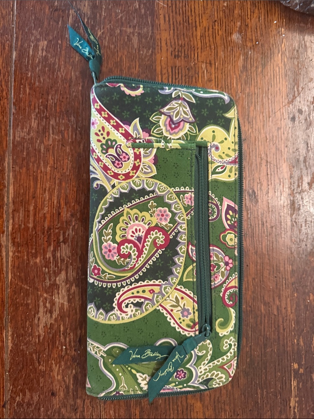Vera Bradley Green Paisley Zip Wallet with Pink & Yellow Accents